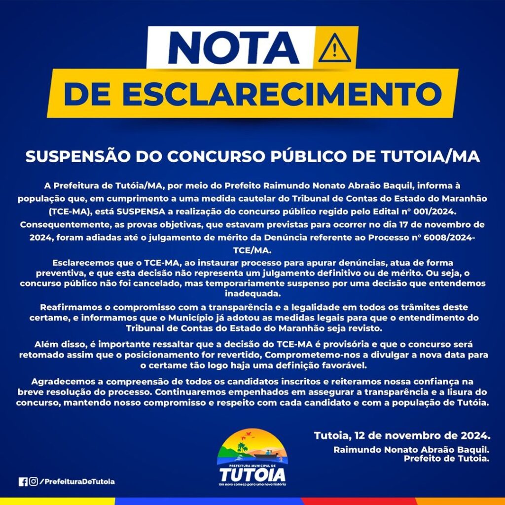 Nota da Prefeitura de Tutoia sobre a Suspensão do Concurso Público Municipal